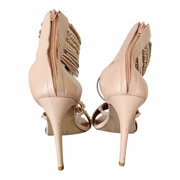 ALVEA Tan Leather Strappy Sandal Chain Stiletto Heels Ankle Strap Zip Closure 8 - Picture 4 of 9